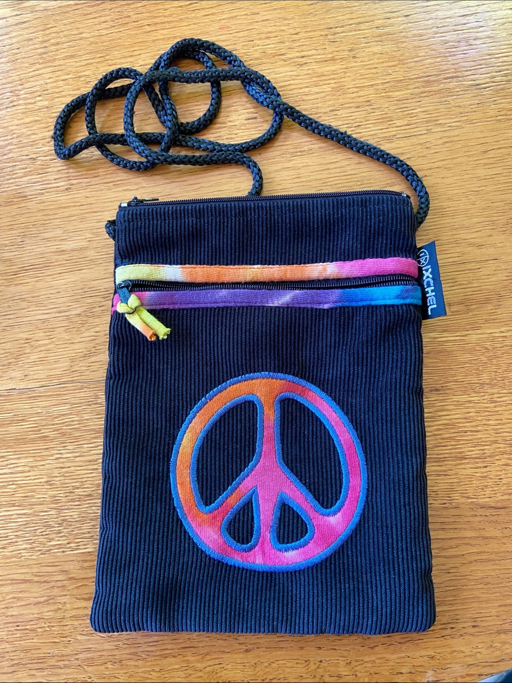 XCHEL Black Corduroy Crossbody Bag with Rainbow Peace Sign